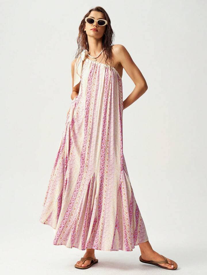 CM-DS205801 Women Trendy Bohemian Style Knot One Shoulder Ditsy Floral Long Dress