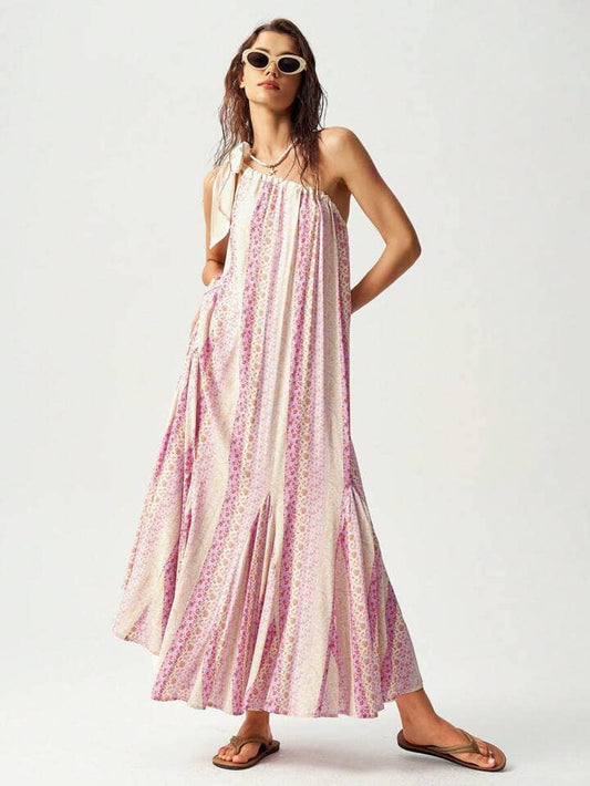 CM-DS205801 Women Trendy Bohemian Style Knot One Shoulder Ditsy Floral Long Dress