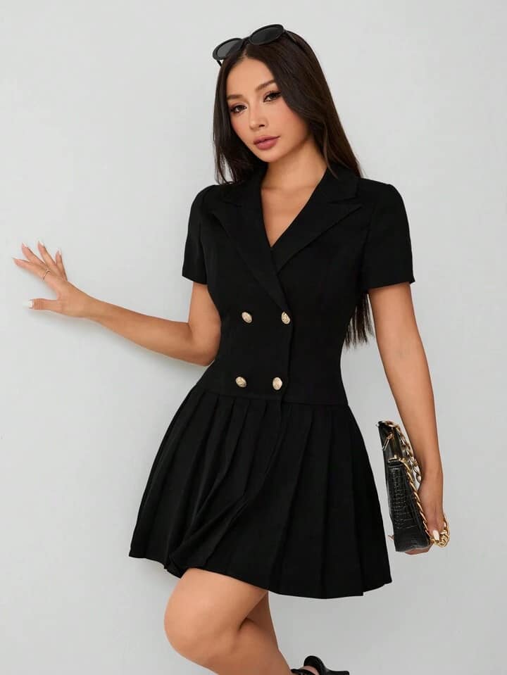 CM-DS664280 Women Elegant Seoul Style Solid Lapel Collar Double-Breasted Pleated Mini Dress - Black