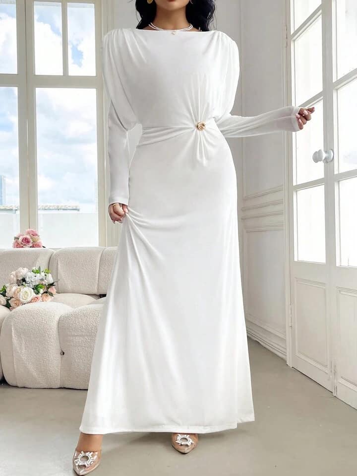 CM-DS656784 Women Elegant Seoul Style Solid Color Pleated Round Neck Long Sleeve Midi Dress - White