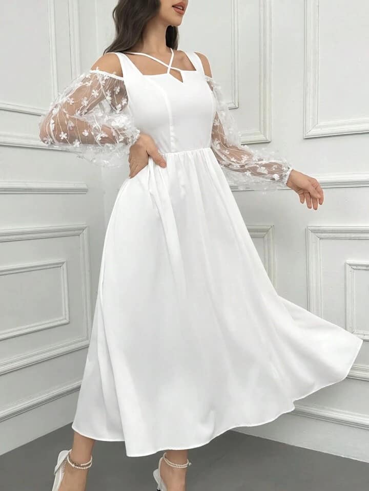 CM-DS532210 Women Elegant Seoul Style Solid Color Semi-Sheer Sleeves And Applique Dress - White