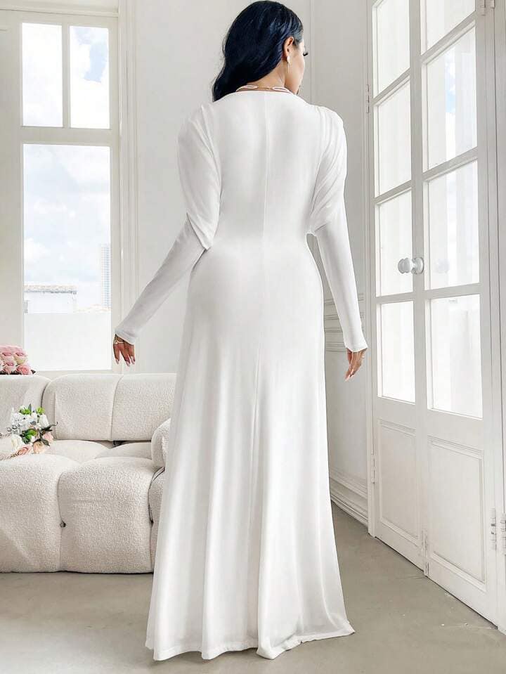 CM-DS656784 Women Elegant Seoul Style Solid Color Pleated Round Neck Long Sleeve Midi Dress - White