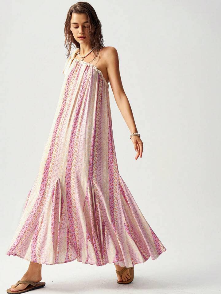 CM-DS205801 Women Trendy Bohemian Style Knot One Shoulder Ditsy Floral Long Dress