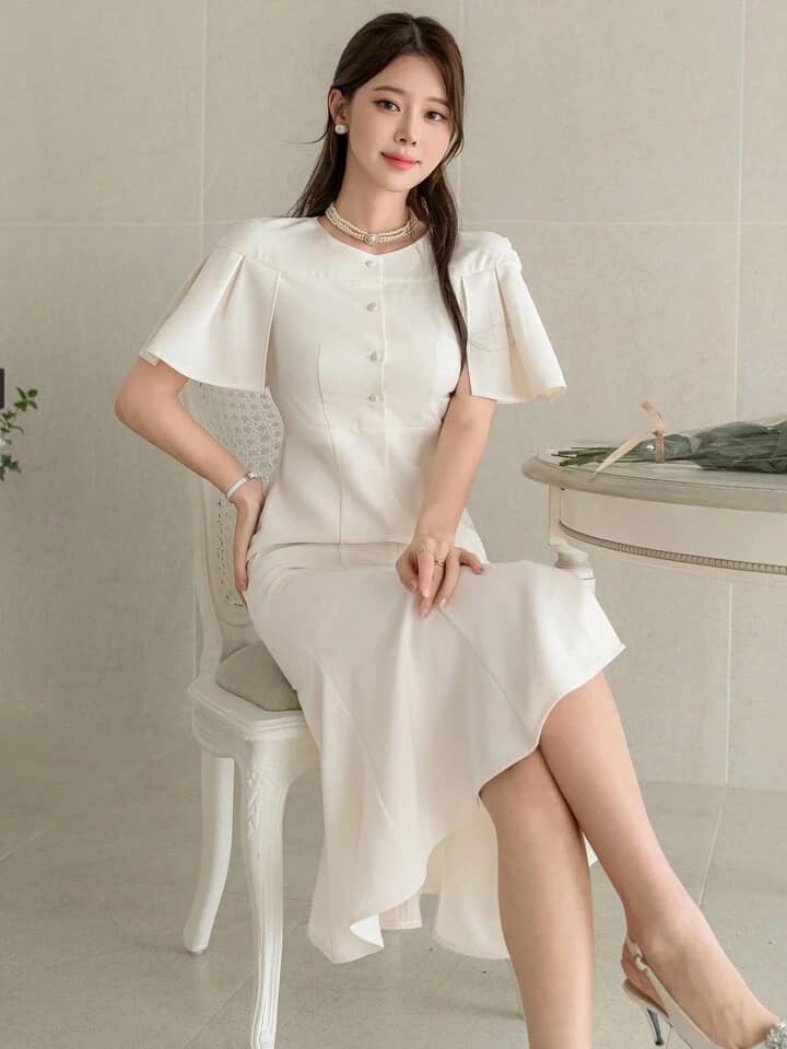 CM-DS342223 Women Elegant Seoul Style Solid Color Round Neck Short Sleeve Midi Dress - Beige