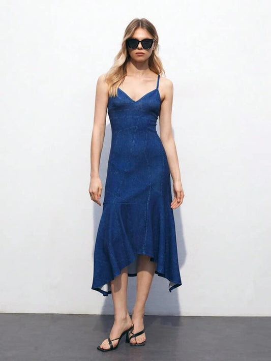 CM-DS024282 Women Elegant Seoul Style Solid Color Spaghetti Strap Sleeveless Cami Dress - Blue