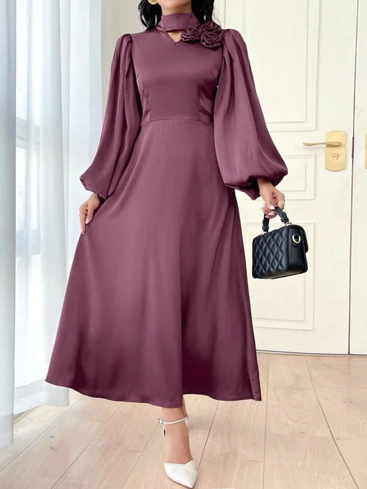 CM-DS045533 Women Elegant Seoul Style Solid Color Stand Collar Long Sleeve Floral Applique Dress - Purple