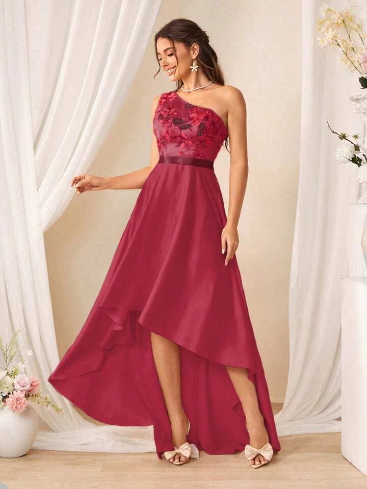 CM-DS313417 Women Elegant Seoul Style Sleeveless Asymmetric Hem Sequined Mini Dress - Burgundy