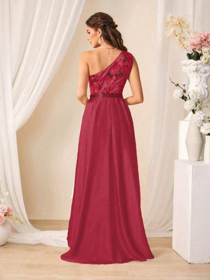 CM-DS313417 Women Elegant Seoul Style Sleeveless Asymmetric Hem Sequined Mini Dress - Burgundy