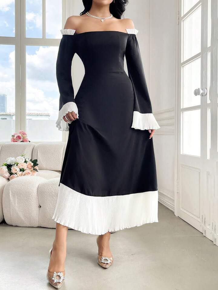 CM-DS391444 Women Elegant Seoul Style Color Block Off Shoulder Pleated Long Sleeve Midi Dress - Black