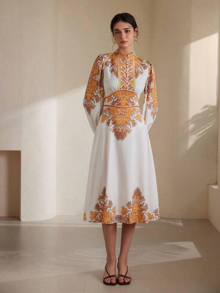 CM-DS255291 Women Elegant European Style Waist Cinched Long Sleeve Dress With Button Decor Print