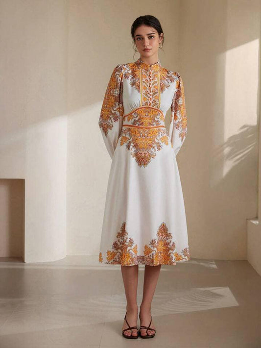CM-DS255291 Women Elegant European Style Waist Cinched Long Sleeve Dress With Button Decor Print