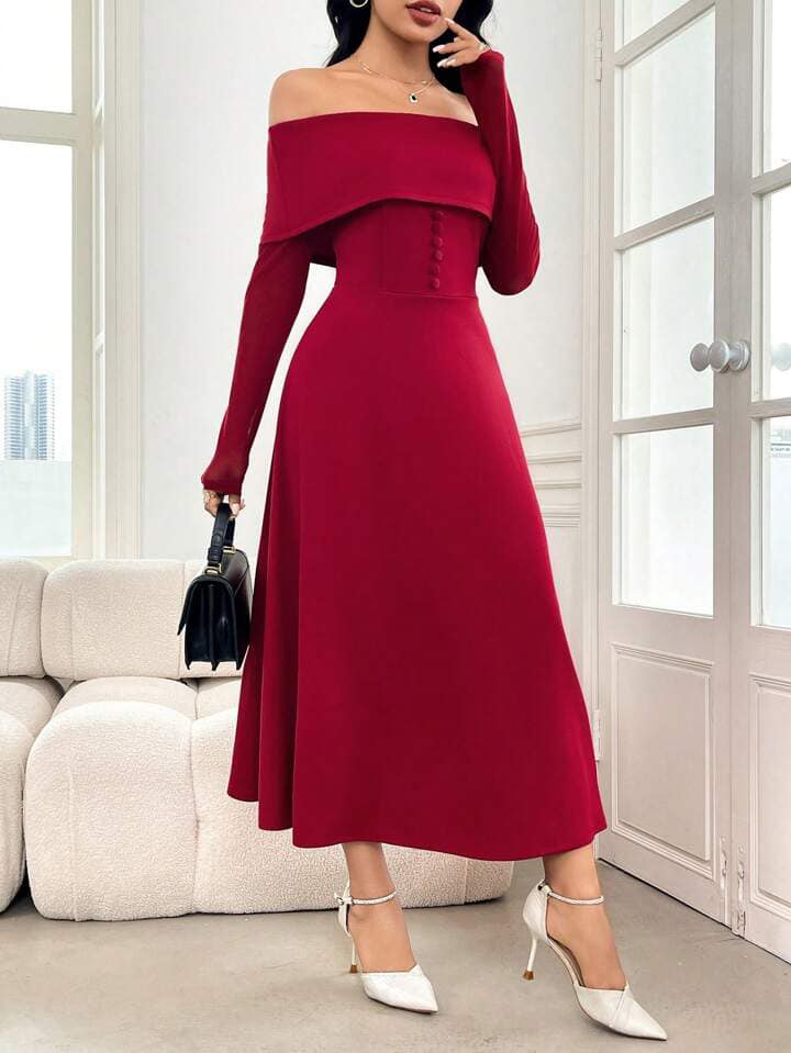 CM-DS453155 Women Elehgant Seoul Style Solid Color Off-Shoulder Long Sleeve Dress - Burgundy