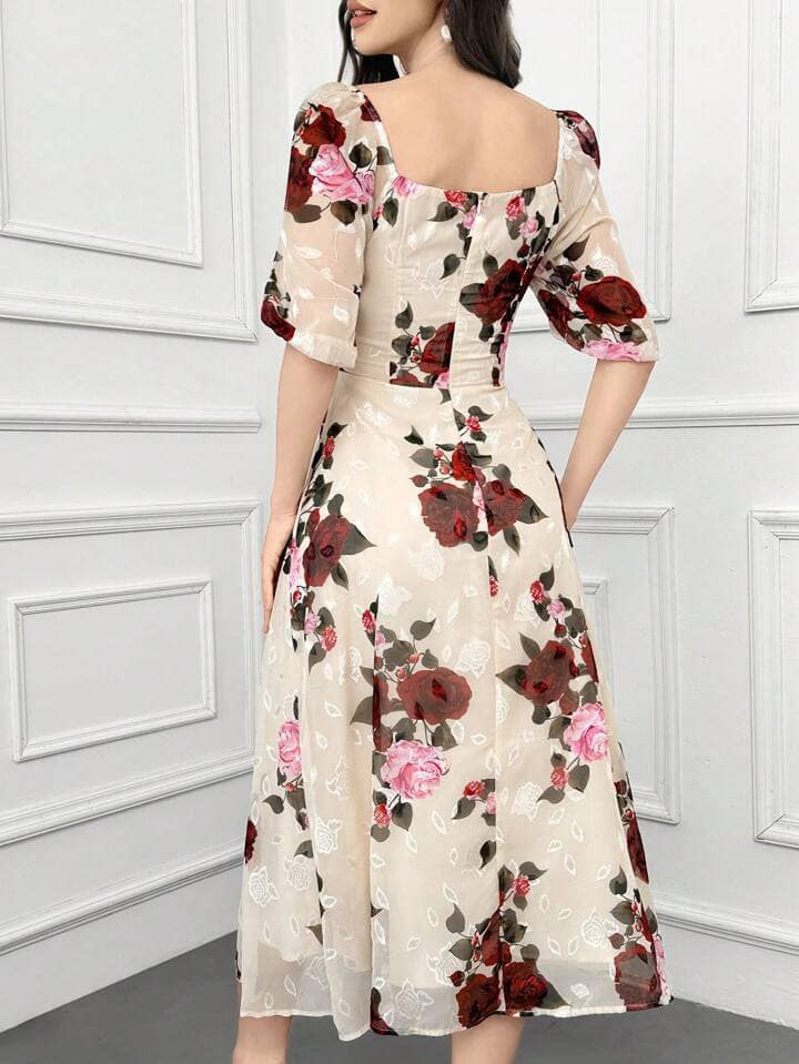 CM-DS623899 Women Elegant Seoul Style Floral Print Sweetheart Neckline Chest Twisted Bubble Sleeve Dress