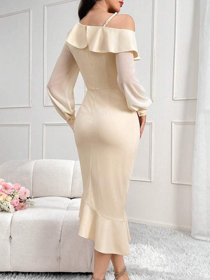 CM-DS831631 Women Elegant Seoul Style Asymmetrical Neck Ruffle Trim Split Back Dress - Apricot