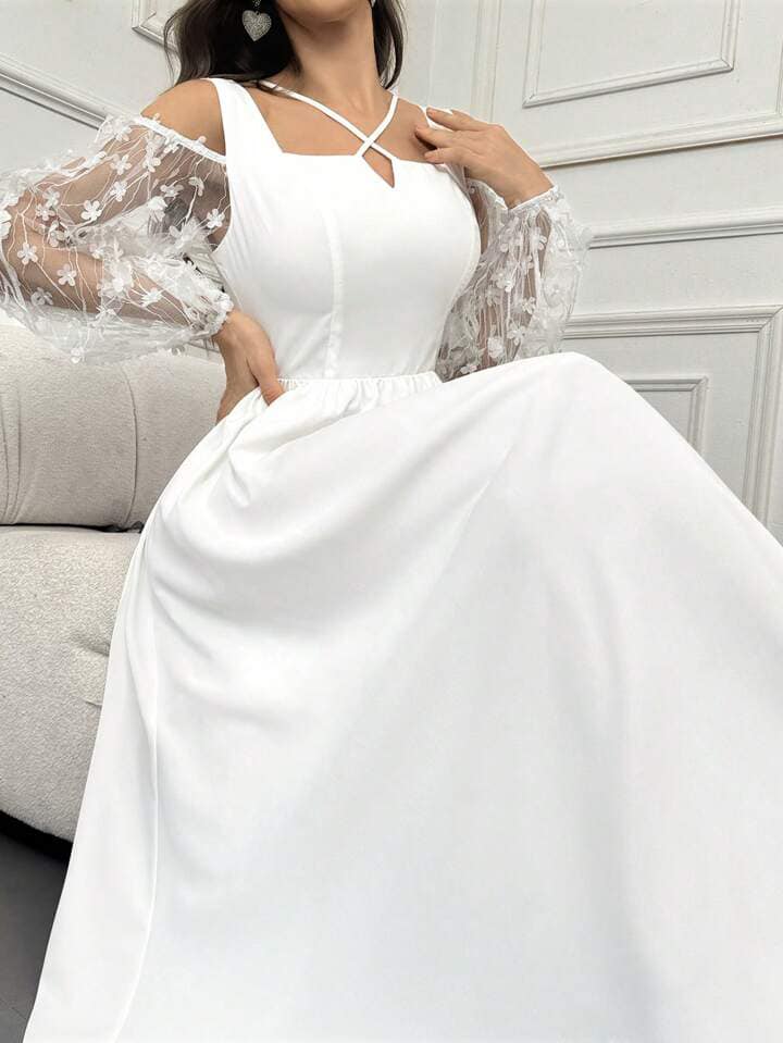 CM-DS532210 Women Elegant Seoul Style Solid Color Semi-Sheer Sleeves And Applique Dress - White
