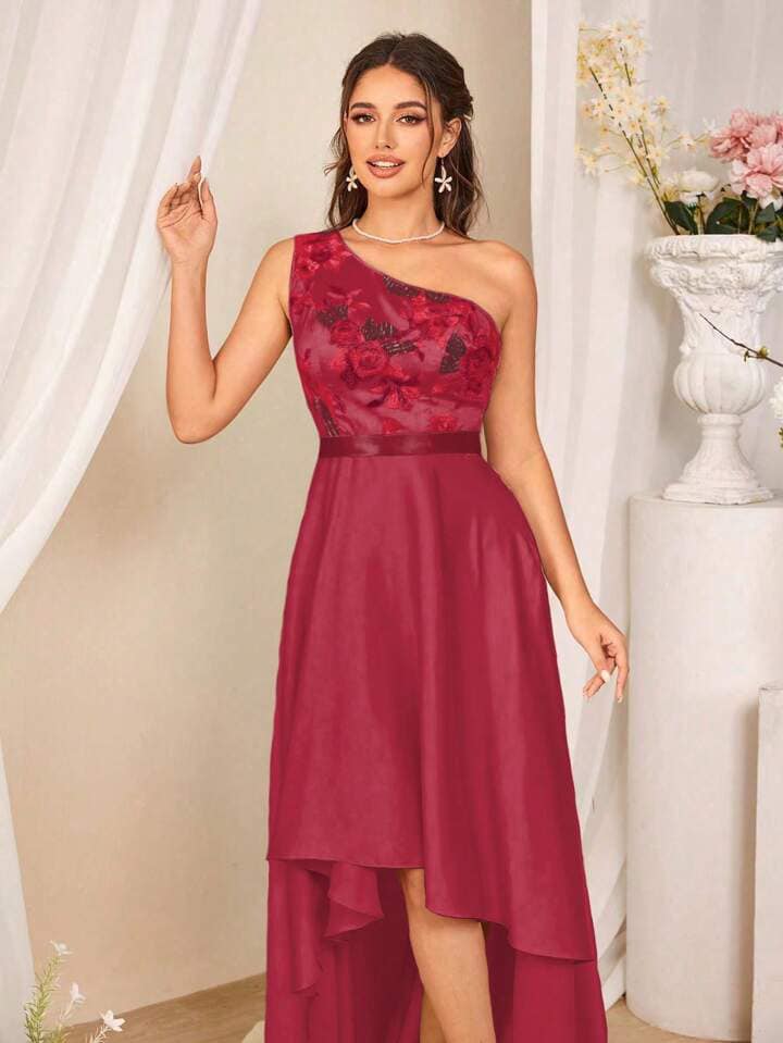 CM-DS313417 Women Elegant Seoul Style Sleeveless Asymmetric Hem Sequined Mini Dress - Burgundy