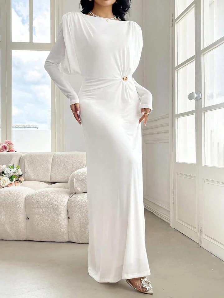 CM-DS656784 Women Elegant Seoul Style Solid Color Pleated Round Neck Long Sleeve Midi Dress - White