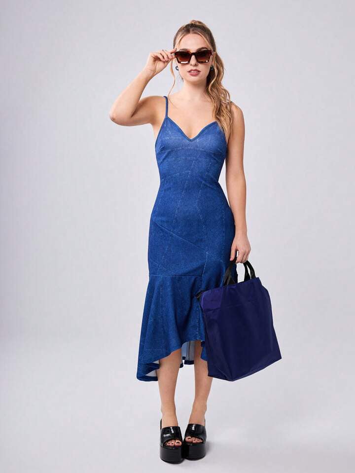 CM-DS024282 Women Elegant Seoul Style Solid Color Spaghetti Strap Sleeveless Cami Dress - Blue