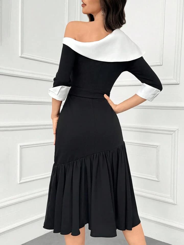 CM-DS292796 Women ELegant Seoul Style Color Block Asymmetric Collar 3/4 Sleeve Dress