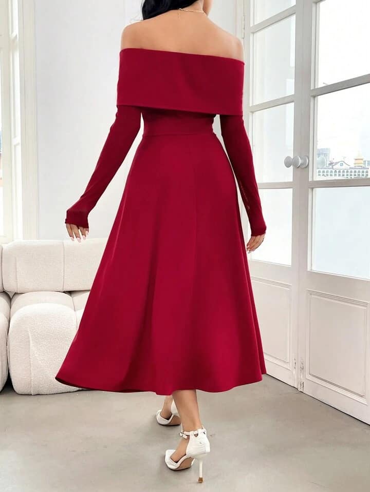 CM-DS453155 Women Elehgant Seoul Style Solid Color Off-Shoulder Long Sleeve Dress - Burgundy