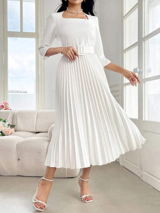 CM-DS263666 Women Elegant Seoul Style Solid Color Square Neck Long Sleeve Belted Pleated Dress - White