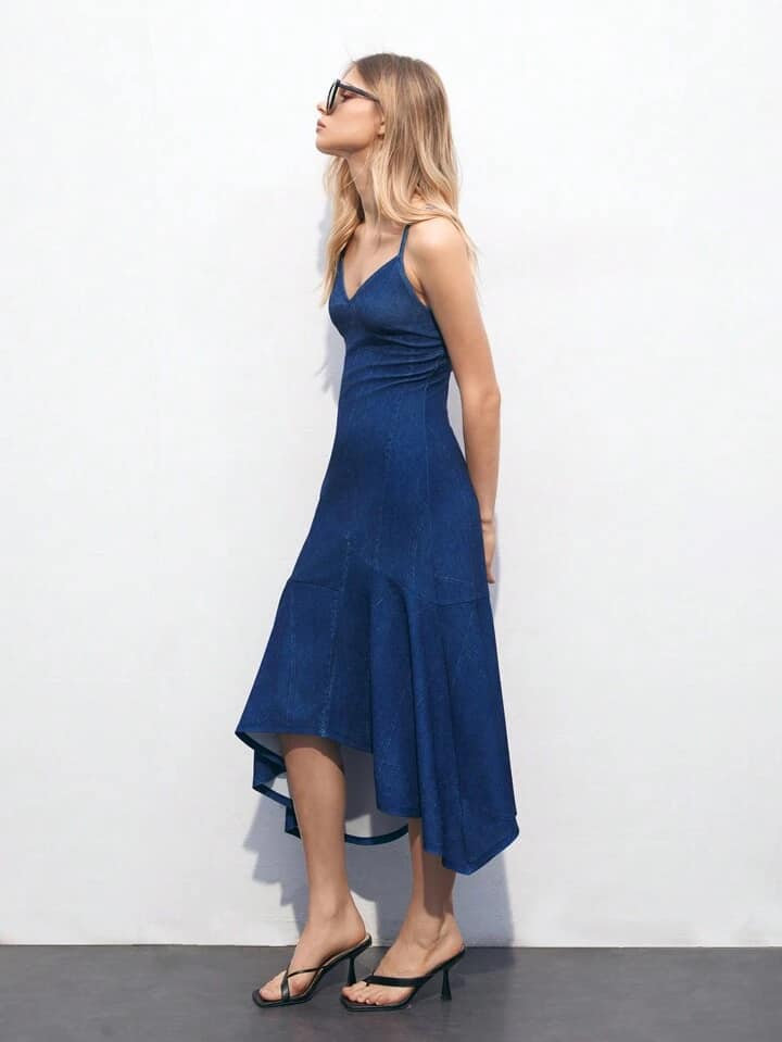 CM-DS024282 Women Elegant Seoul Style Solid Color Spaghetti Strap Sleeveless Cami Dress - Blue