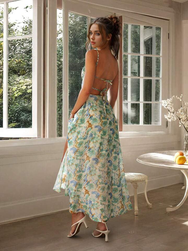CM-DS104099 Women Trendy Bohemian Style Floral Allover Print Spaghetti Strap Backless Long Dress