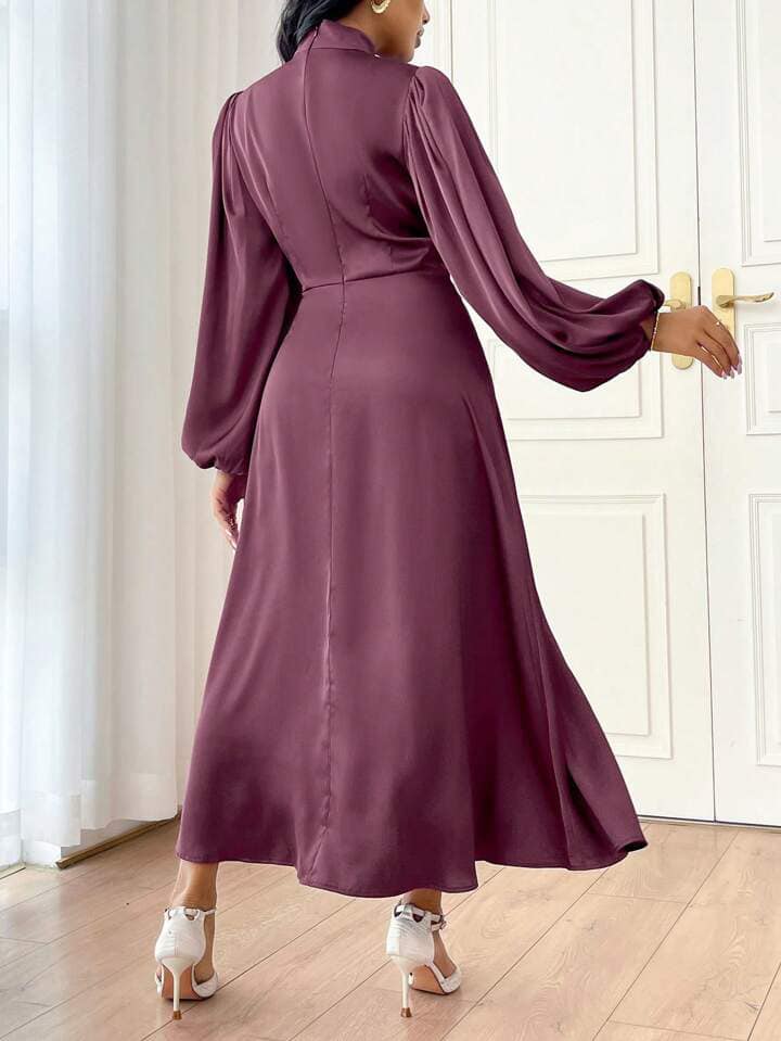 CM-DS045533 Women Elegant Seoul Style Solid Color Stand Collar Long Sleeve Floral Applique Dress - Purple