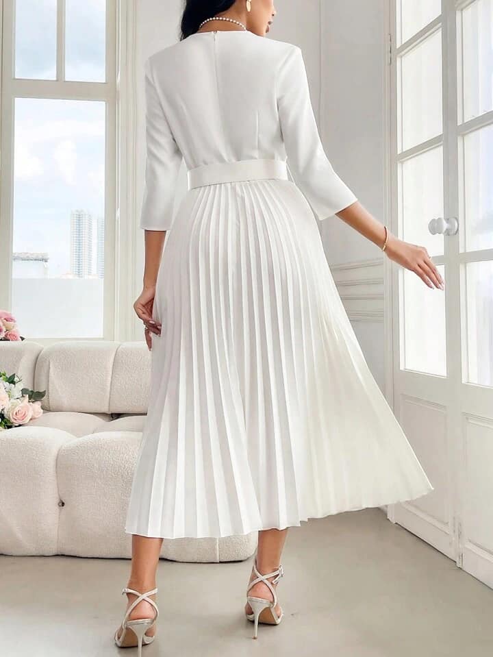 CM-DS263666 Women Elegant Seoul Style Solid Color Square Neck Long Sleeve Belted Pleated Dress - White