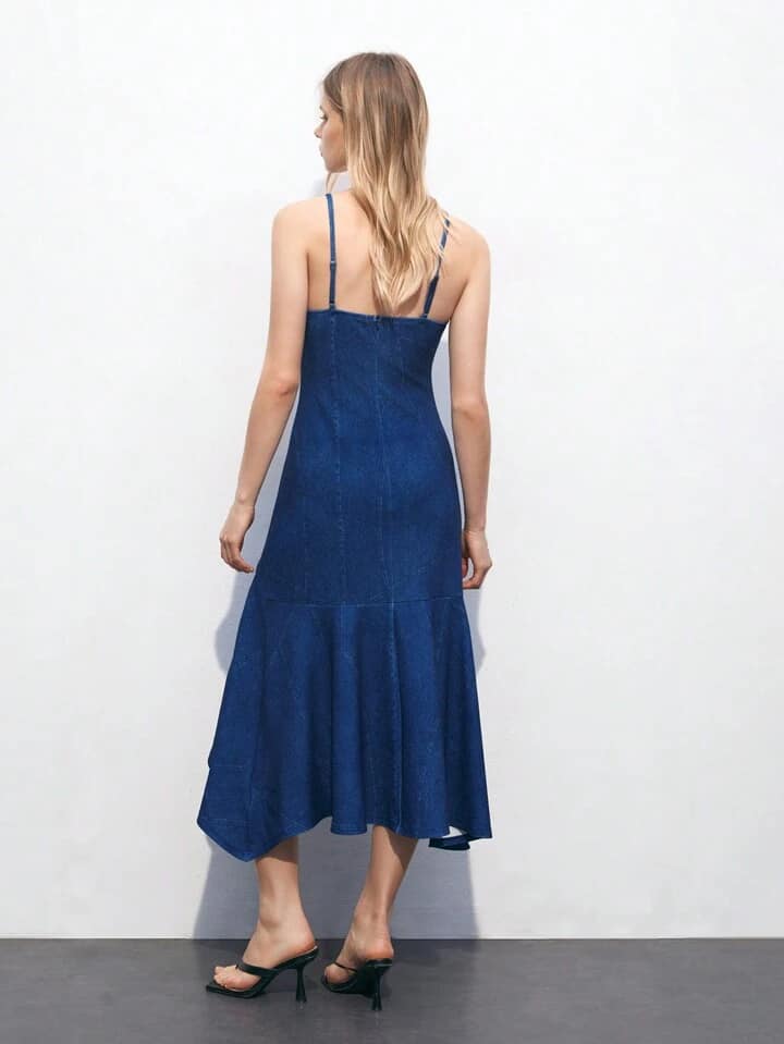 CM-DS024282 Women Elegant Seoul Style Solid Color Spaghetti Strap Sleeveless Cami Dress - Blue