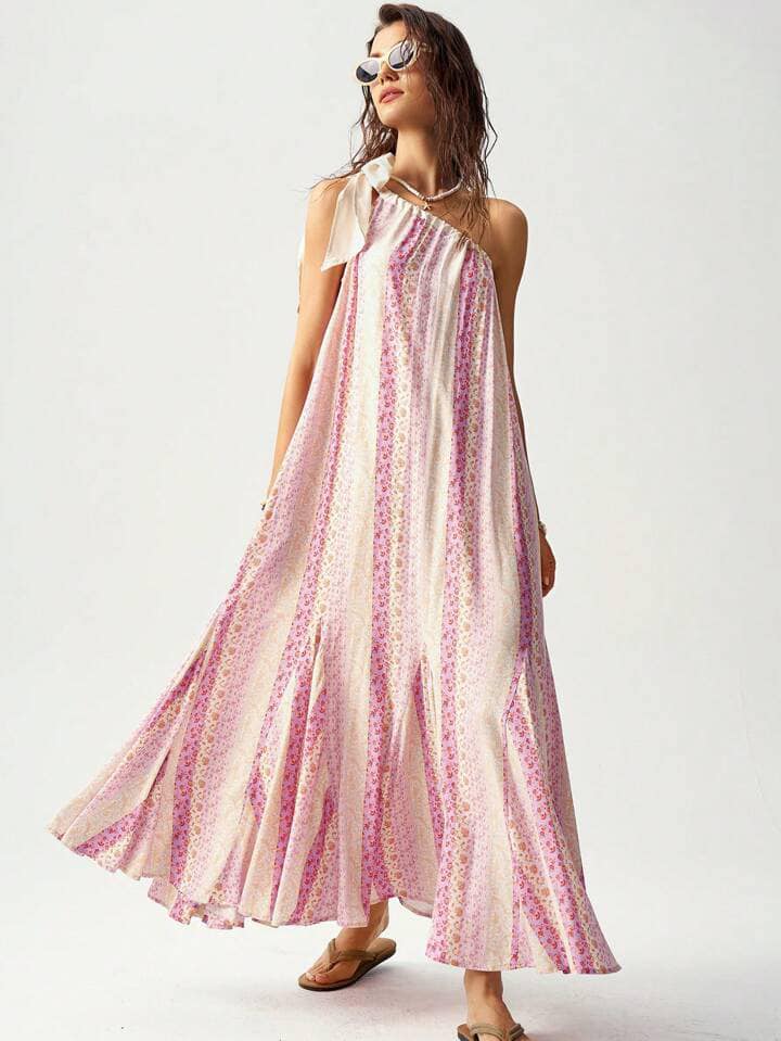 CM-DS205801 Women Trendy Bohemian Style Knot One Shoulder Ditsy Floral Long Dress