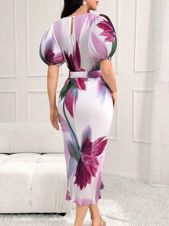 CM-DS037360 Women Elegant Seoul Style Floral Printed Round Neck Puff Sleeve Midi Dress