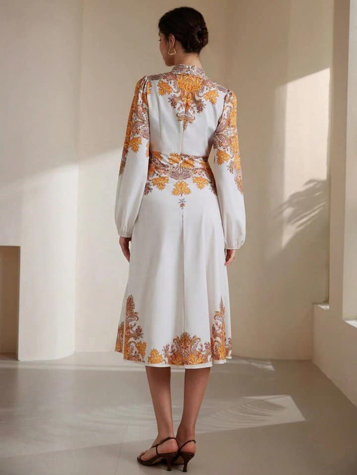 CM-DS255291 Women Elegant European Style Waist Cinched Long Sleeve Dress With Button Decor Print