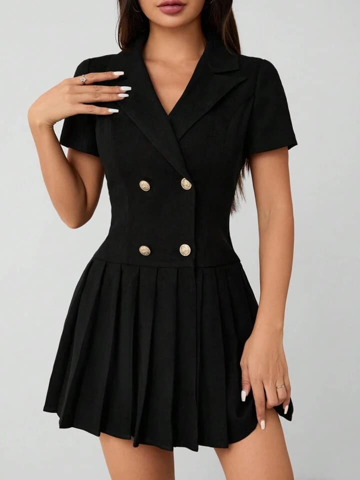CM-DS664280 Women Elegant Seoul Style Solid Lapel Collar Double-Breasted Pleated Mini Dress - Black