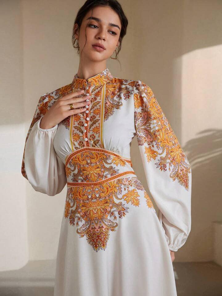 CM-DS255291 Women Elegant European Style Waist Cinched Long Sleeve Dress With Button Decor Print