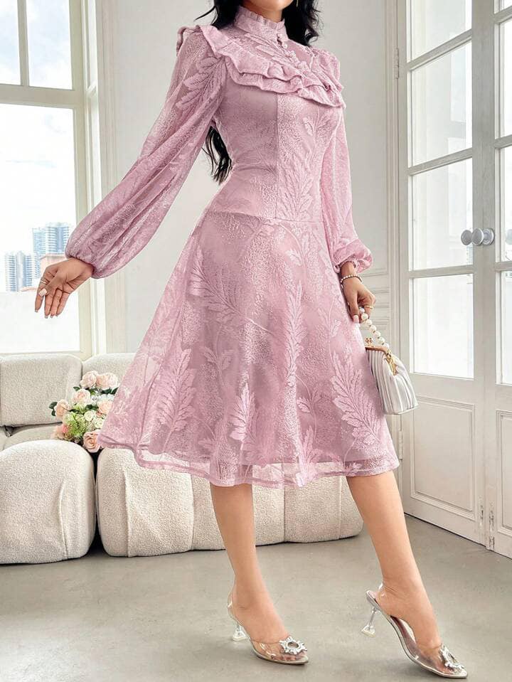 CM-DS666601 Women Elegant Seoul Style Embroidery Decorated Stand Collar Long Sleeve Dress - Pink