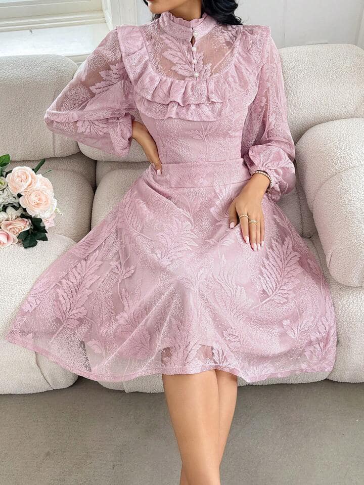 CM-DS666601 Women Elegant Seoul Style Embroidery Decorated Stand Collar Long Sleeve Dress - Pink