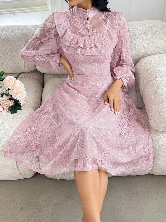 CM-DS666601 Women Elegant Seoul Style Embroidery Decorated Stand Collar Long Sleeve Dress - Pink
