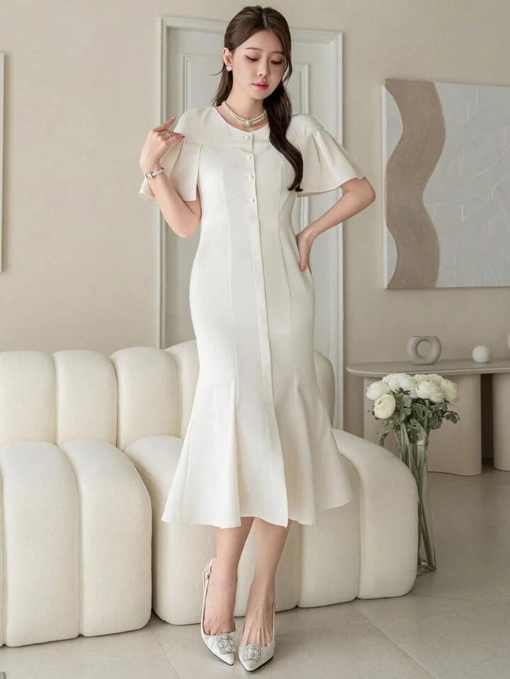 CM-DS342223 Women Elegant Seoul Style Solid Color Round Neck Short Sleeve Midi Dress - Beige