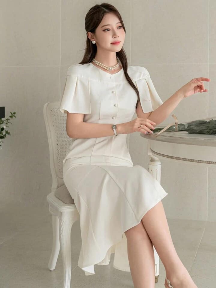 CM-DS342223 Women Elegant Seoul Style Solid Color Round Neck Short Sleeve Midi Dress - Beige