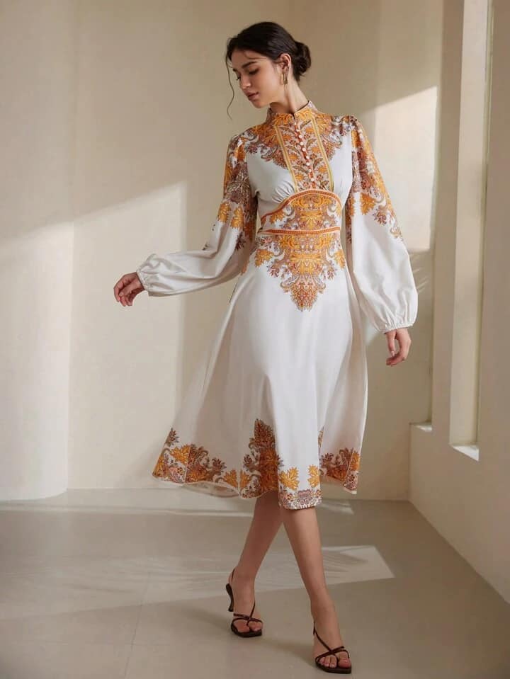 CM-DS255291 Women Elegant European Style Waist Cinched Long Sleeve Dress With Button Decor Print