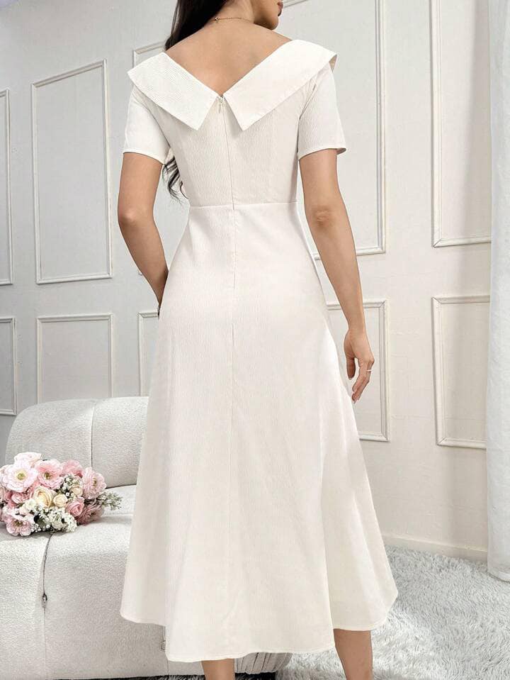 CM-DS118141 Women Elegant Seoul Style Solid Flap Detail Collar Neckline Short Sleeve Midi Dress - Apricot