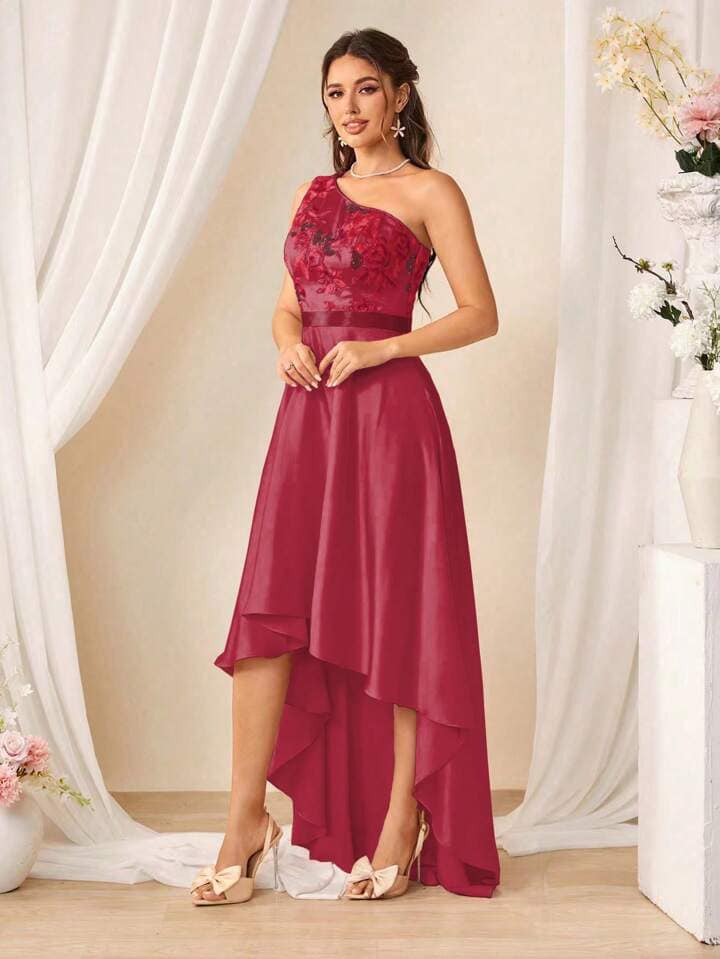 CM-DS313417 Women Elegant Seoul Style Sleeveless Asymmetric Hem Sequined Mini Dress - Burgundy