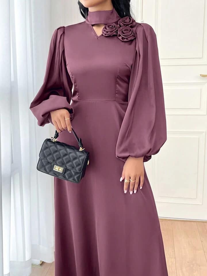 CM-DS045533 Women Elegant Seoul Style Solid Color Stand Collar Long Sleeve Floral Applique Dress - Purple