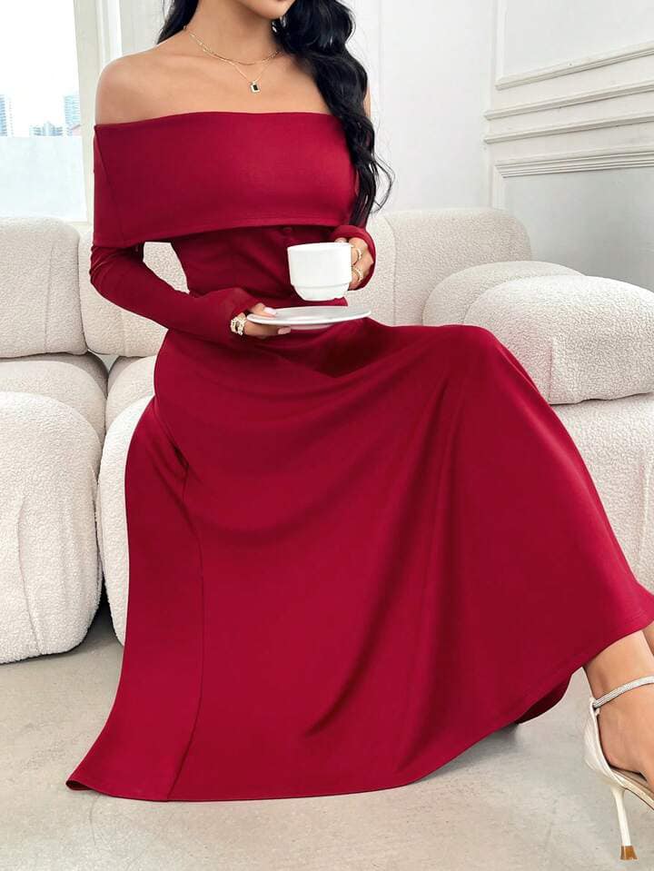 CM-DS453155 Women Elehgant Seoul Style Solid Color Off-Shoulder Long Sleeve Dress - Burgundy
