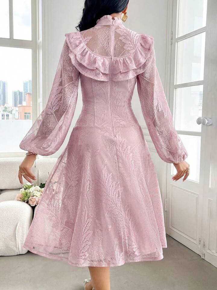 CM-DS666601 Women Elegant Seoul Style Embroidery Decorated Stand Collar Long Sleeve Dress - Pink
