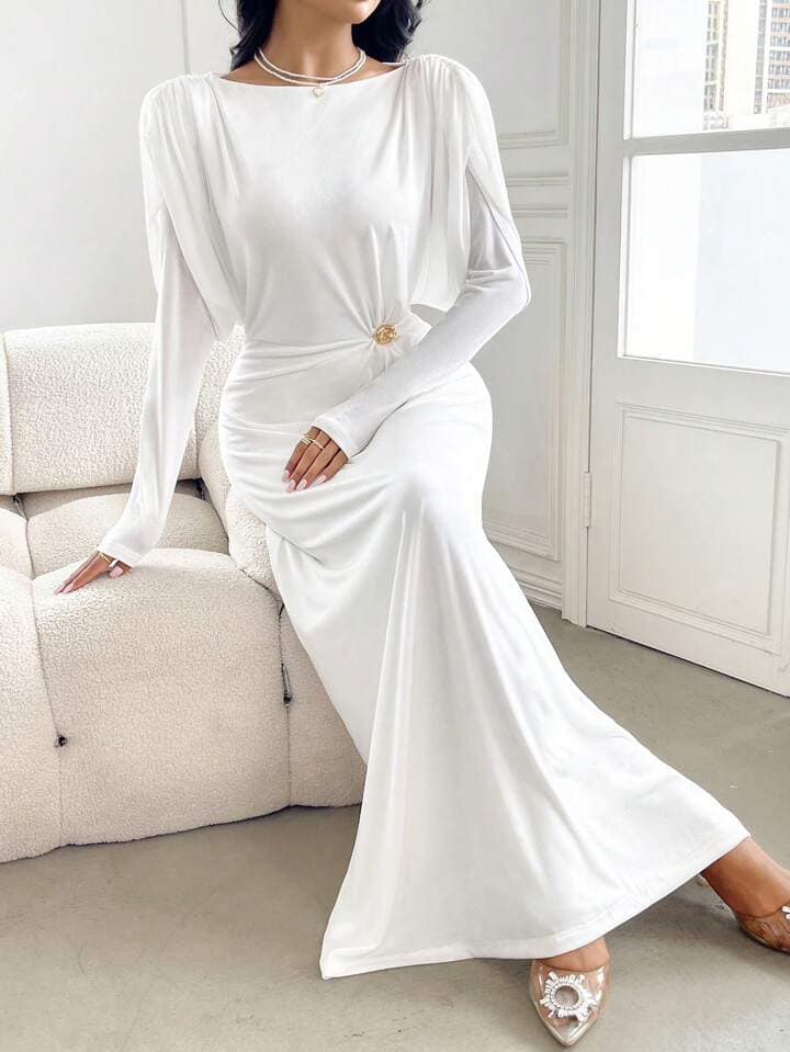 CM-DS656784 Women Elegant Seoul Style Solid Color Pleated Round Neck Long Sleeve Midi Dress - White