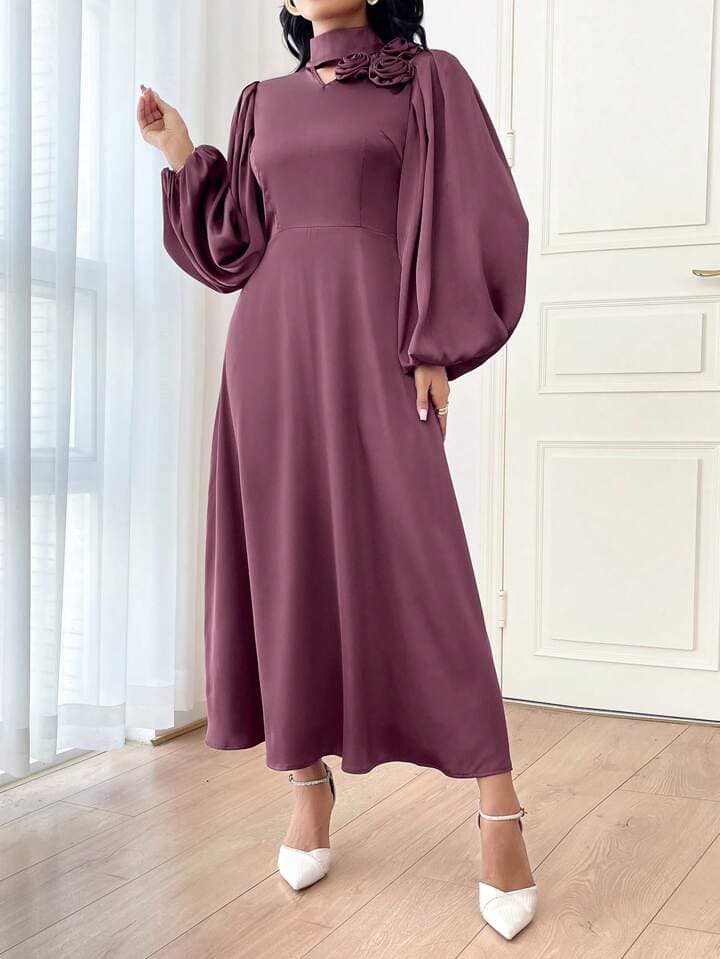 CM-DS045533 Women Elegant Seoul Style Solid Color Stand Collar Long Sleeve Floral Applique Dress - Purple
