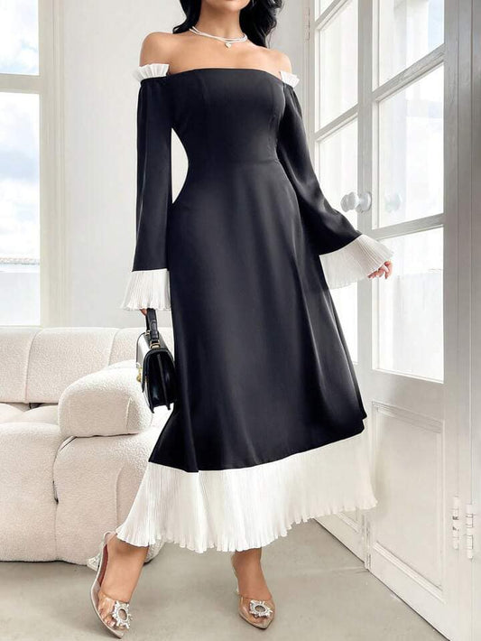 CM-DS391444 Women Elegant Seoul Style Color Block Off Shoulder Pleated Long Sleeve Midi Dress - Black