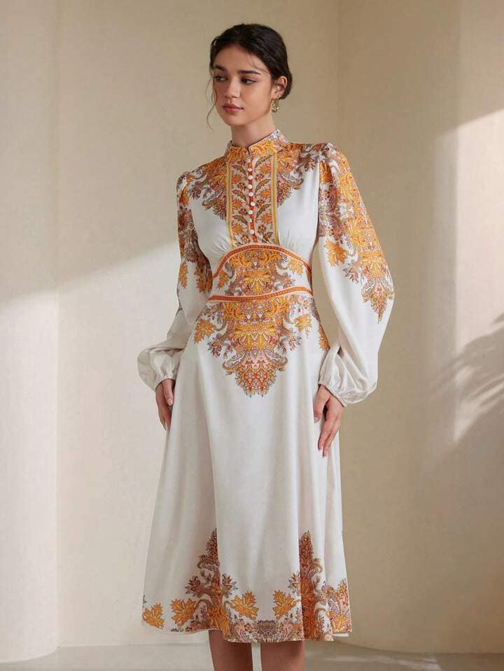 CM-DS255291 Women Elegant European Style Waist Cinched Long Sleeve Dress With Button Decor Print